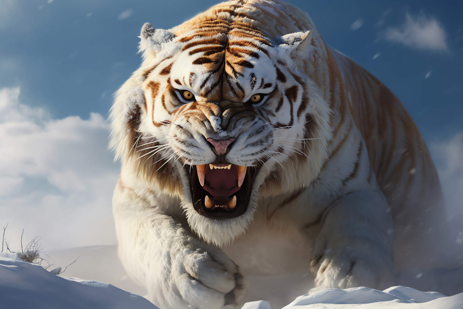 Prehistoric Saber Tooth Tiger, Orange-eyed Tundra predator, Snowy ambiance large cat, Fierce furry ancient tiger, Sabertooth survival, HD Desktop Wallpaper
