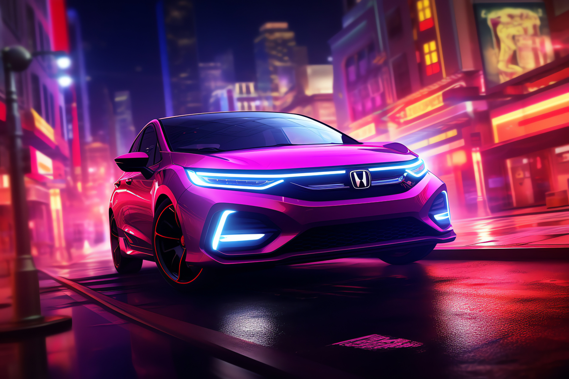 VTEC-powered Honda Fit, Progressive urban vistas, Efficient city car, Futuristic lighting, Eco-friendly design, HD Desktop Image