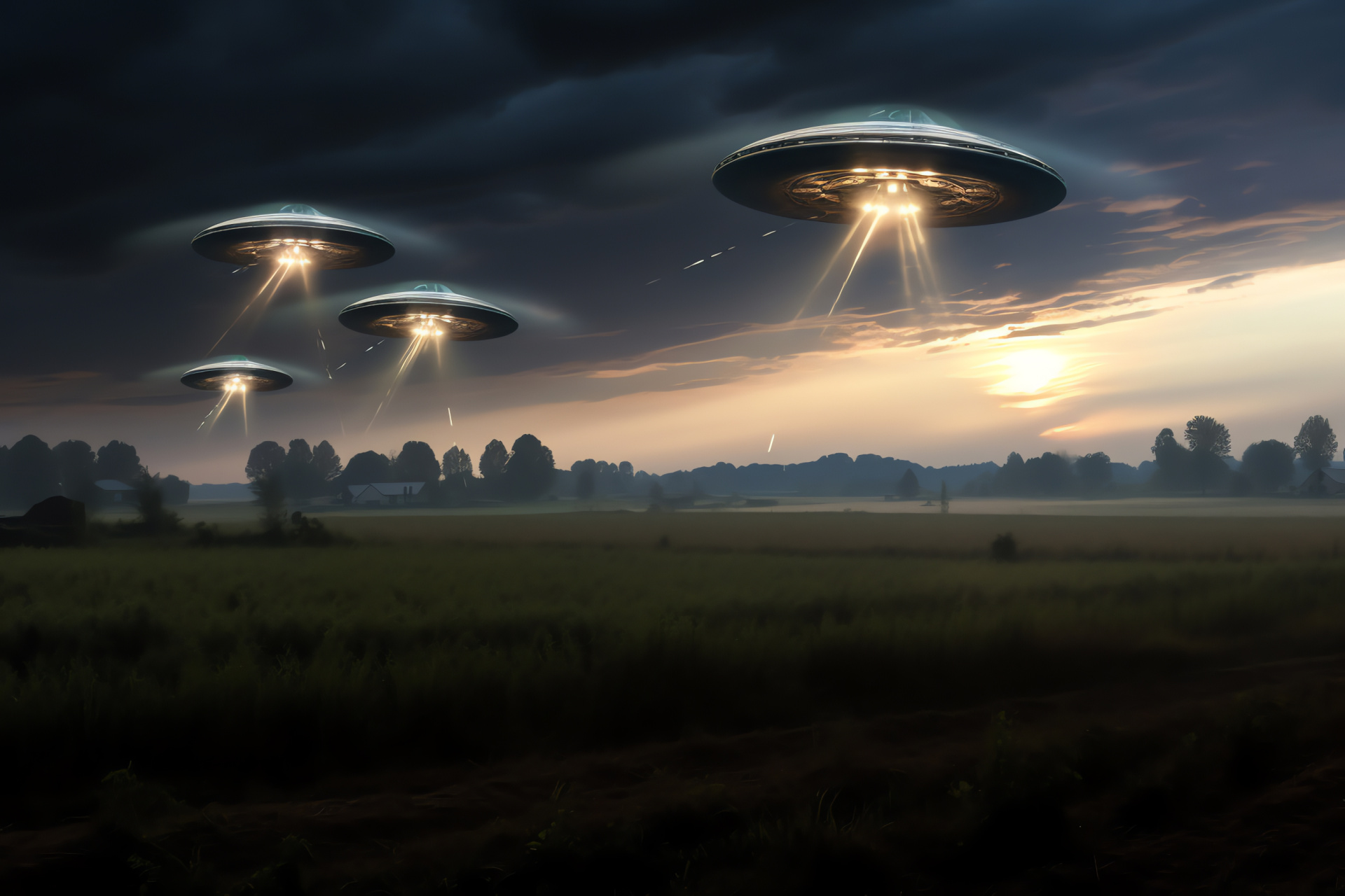 Alien craft in agriculture, Twilight intrigue, Rural encounter, Crop overwatch, Illumination beams, HD Desktop Wallpaper