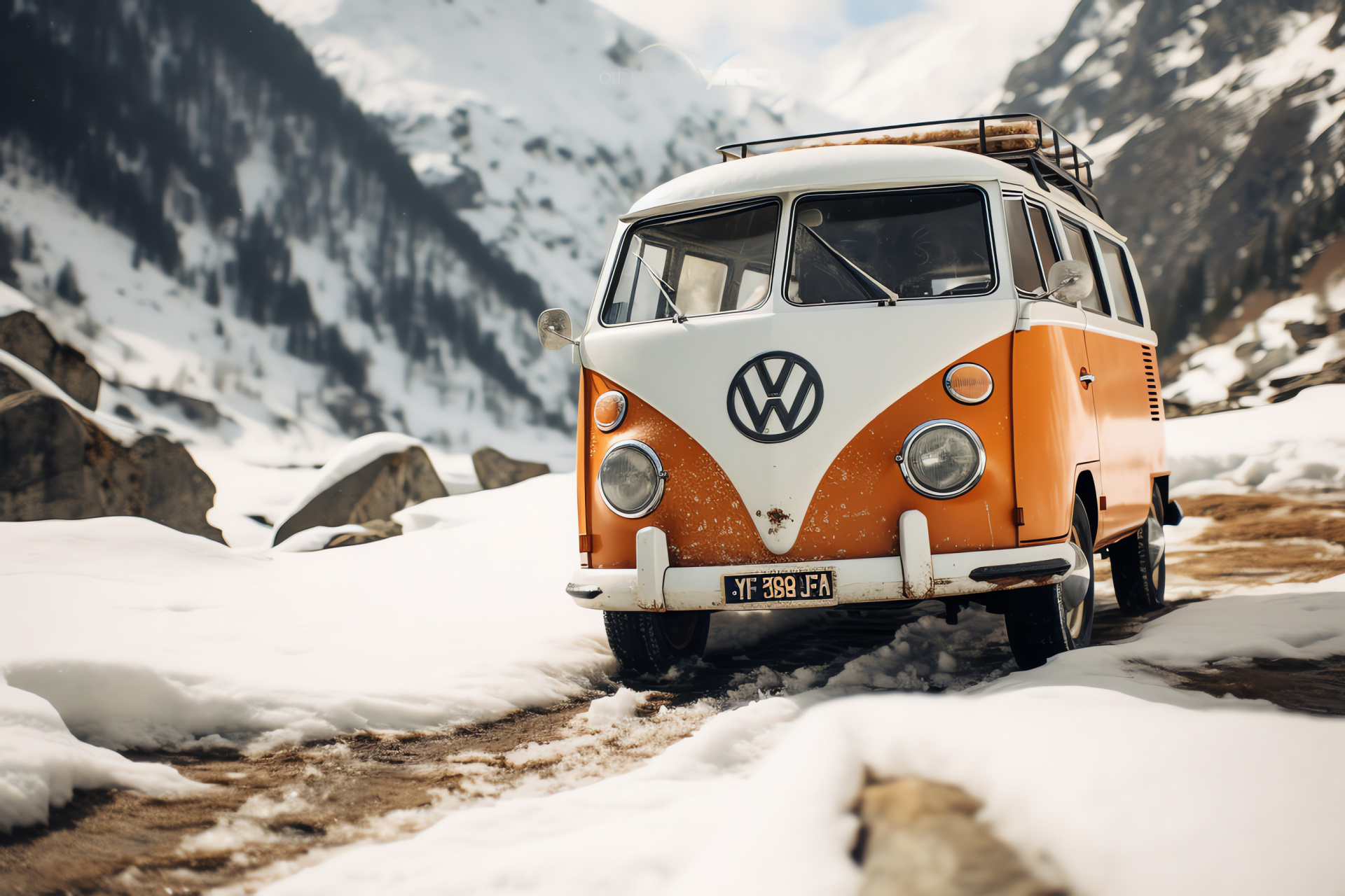 VW Camper in snow, Swiss Alpine adventure, mountain terrain vehicle, winter recreation, frosty cabin charm, HD Desktop Image