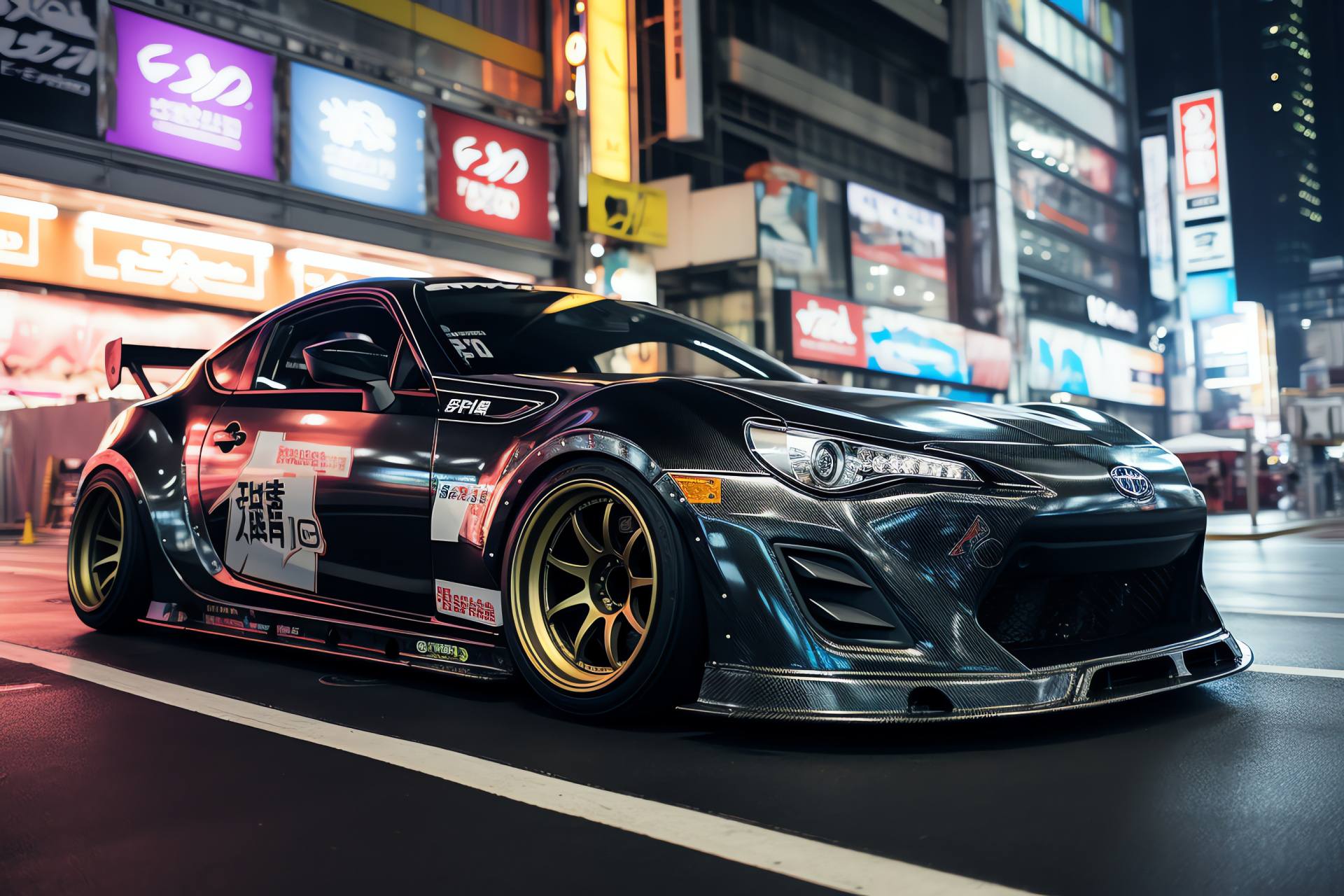 Tokyo-styled Scion FRS, Rocket Bunny stance, Urban wrapping art, Metropolis vibe, Pedestrian hustle, HD Desktop Wallpaper