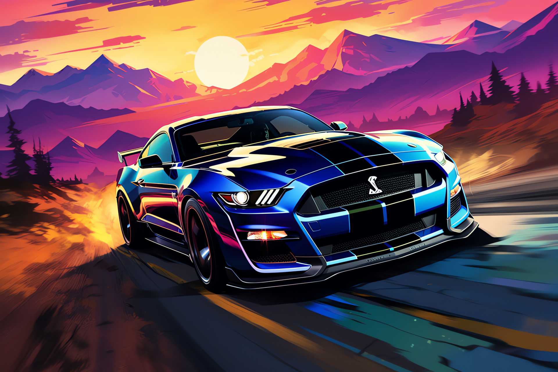 Mustang aerial stance, Panoramic environment view, Chromatic vibrancy, Art inspired virtual space, Dynamic vehicle exposure, HD Desktop Wallpaper