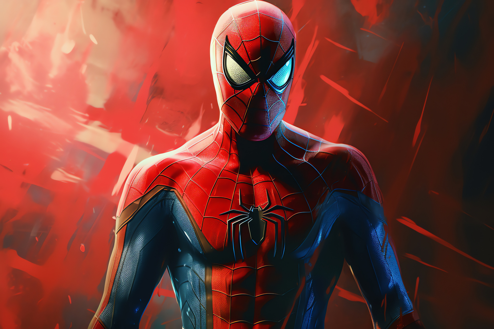 Spiderman persona, hero determination, power stance, dual-tone effect, graphic impact, HD Desktop Wallpaper