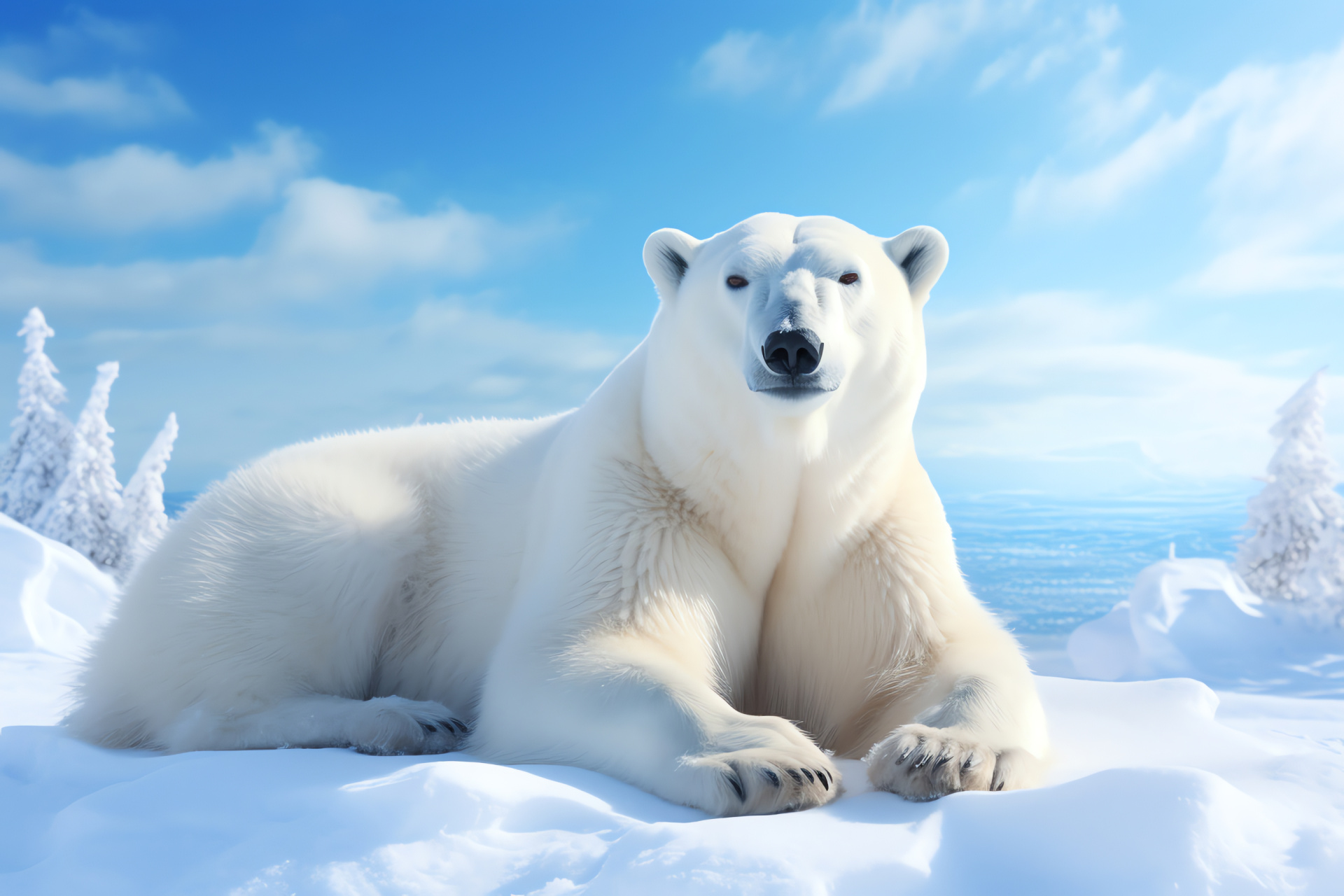 Regal Polar Bear, Full profile pose, Snow bear habitat, Tri-color harmonious backdrop, Icy fur brilliance, HD Desktop Wallpaper