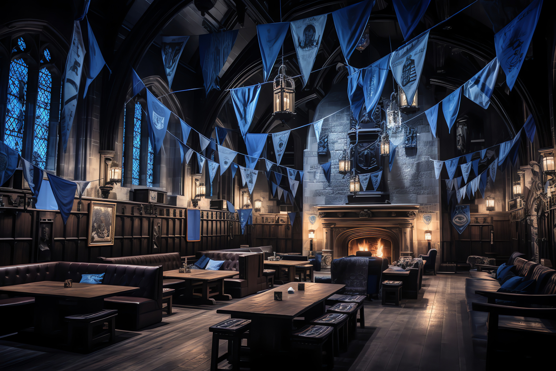 Ravenclaw house, Hogwarts interior, Festive gathering, House colors, Emblematic banners, HD Desktop Wallpaper