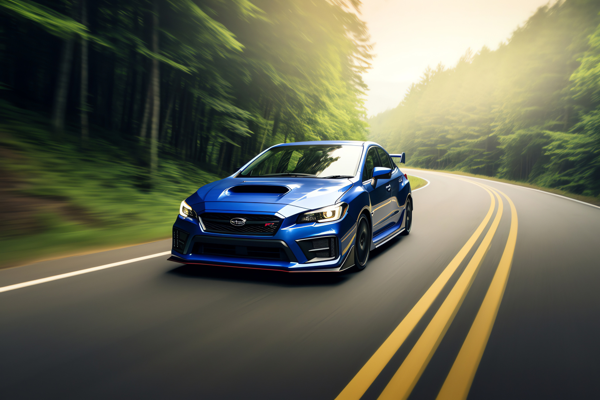 Subaru WRX STI, mountain drive, Japanese rally engineering, road performance, iconic blue, HD Desktop Image