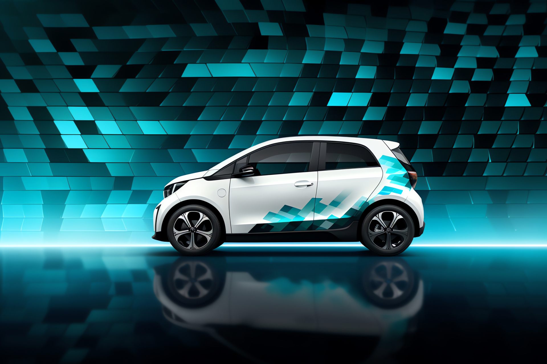 Smart Volkswagen ID.3, Contemporary side profile, Dual-tone coloration, Abstract urban geometry, Compact electric model, HD Desktop Image