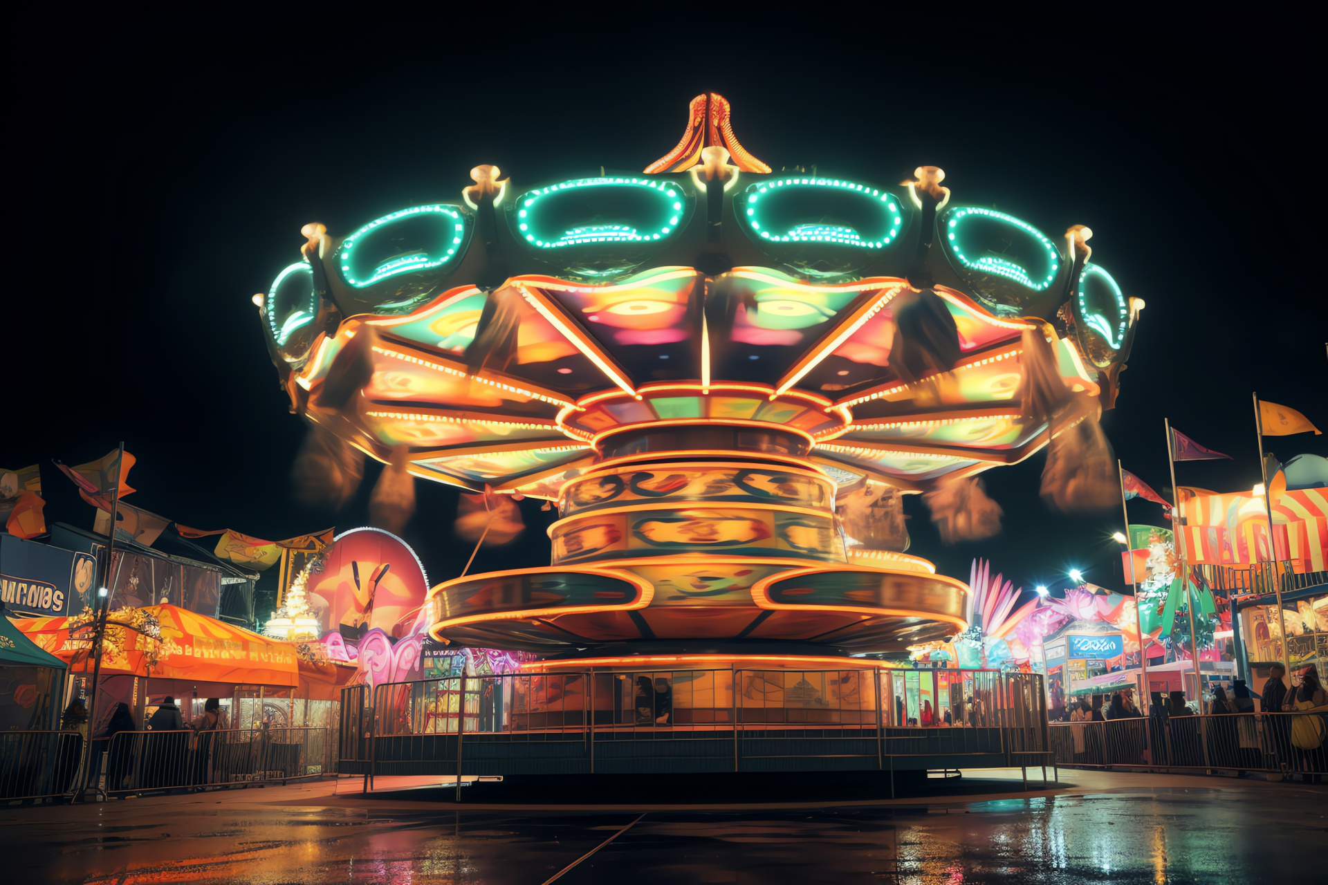 Nighttime festivity, Illuminated attractions, Festive lights, Carnival ambiance, Fair spectacle, HD Desktop Image