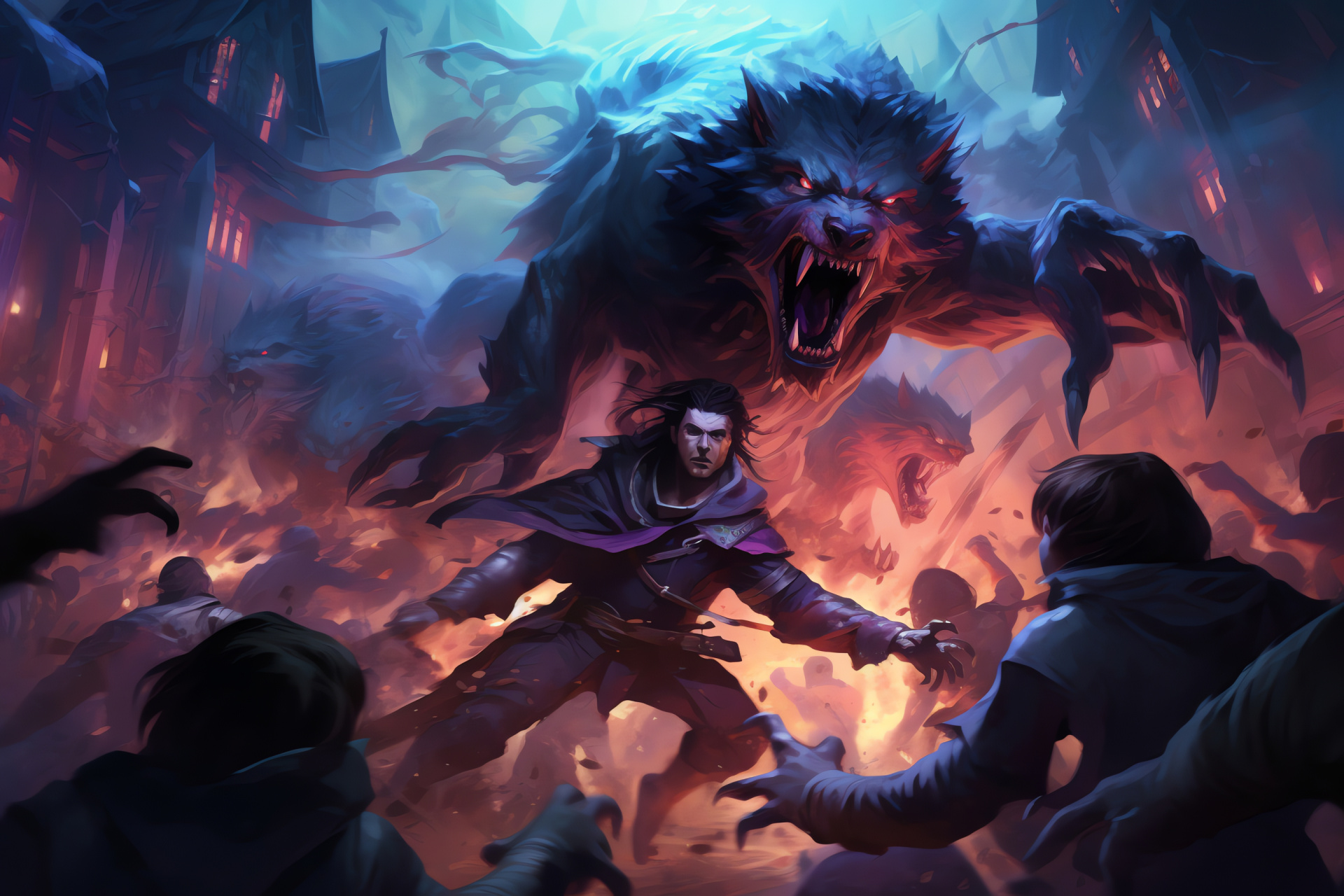 Gaming scene Innistrad village, MTG nighttime raid, Card game scenario, Dark fantasy setting, Collectible artwork, HD Desktop Image