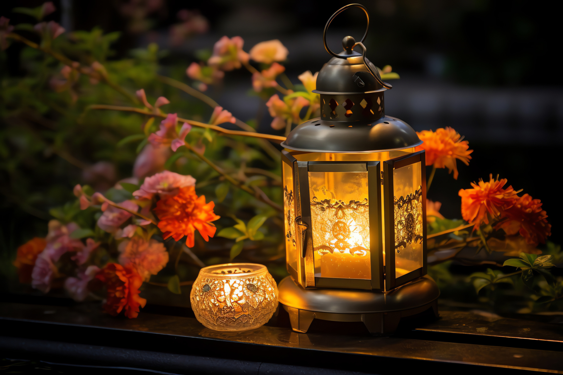 Serene garden, soft lantern glow, floral beauty, new year tranquility, harmonious nature escape, HD Desktop Image