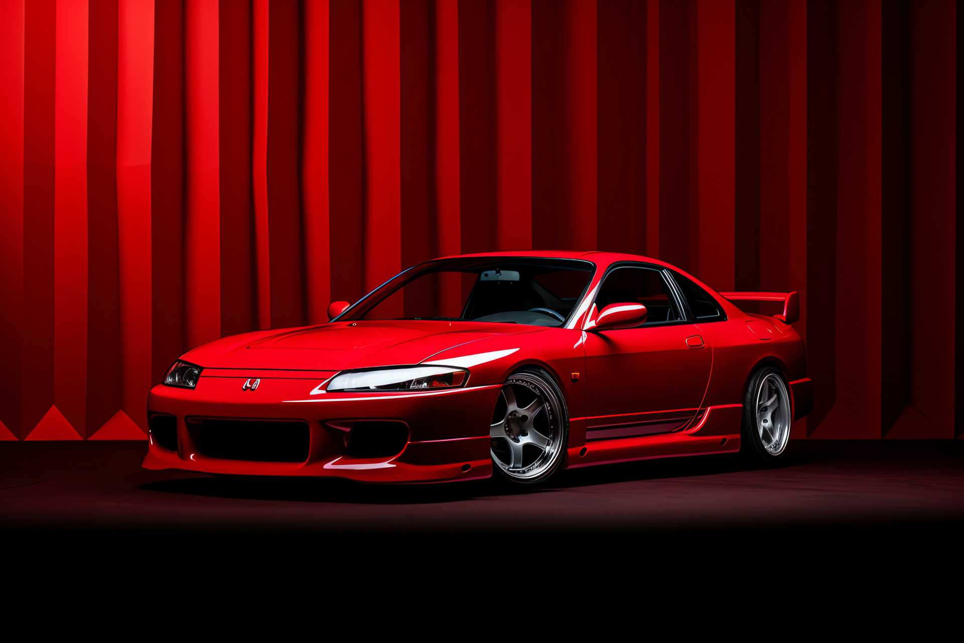 Radiant red Silvia, Nissan performance, Monochromatic visual, High-angle profile, Striking stance, HD Desktop Wallpaper