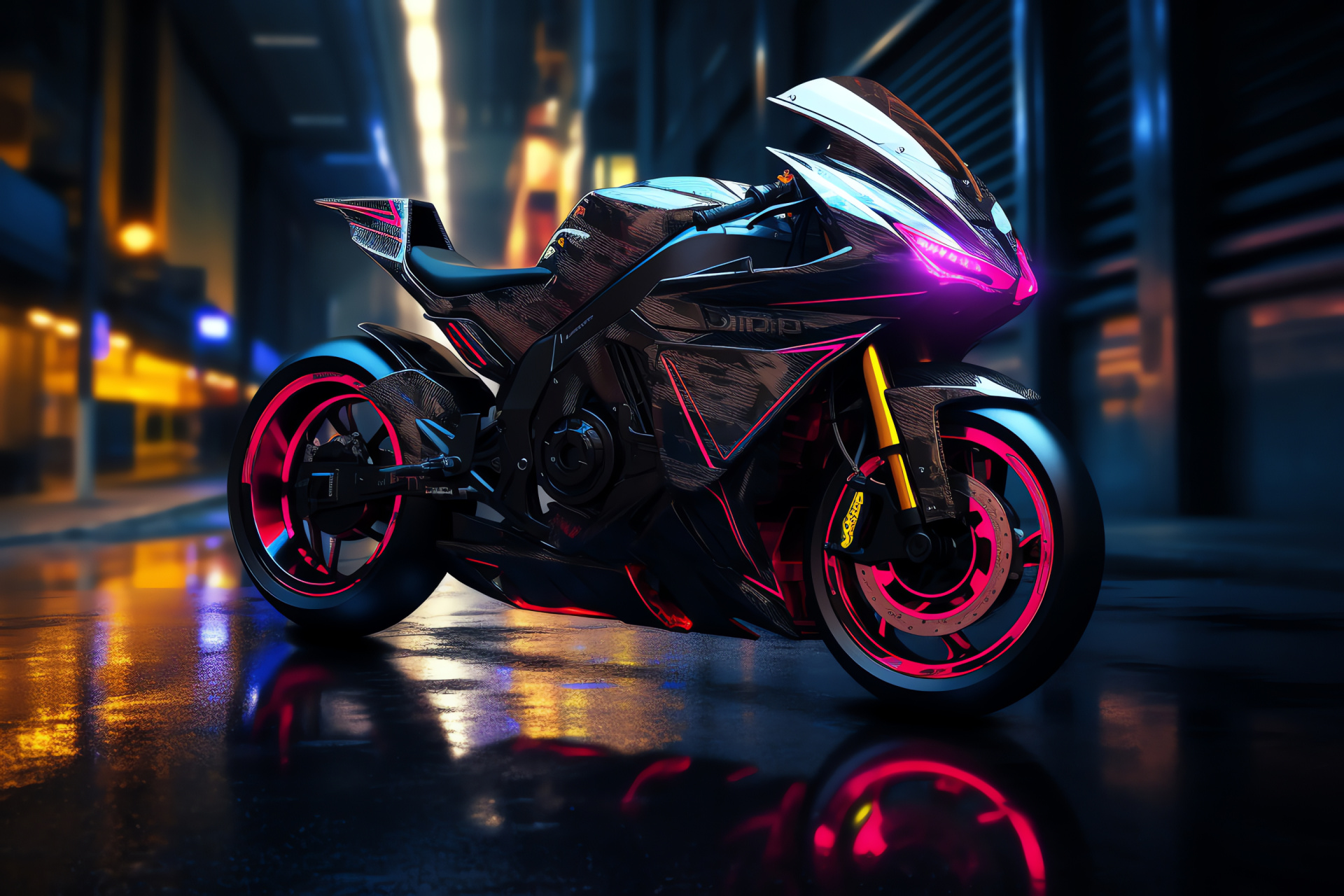 Suzuki GSXR 750 urban scene, Futuristic skyscraper surroundings, Bird-eye city view, Motorcycle street glow, Glossy vehicle shell, HD Desktop Wallpaper