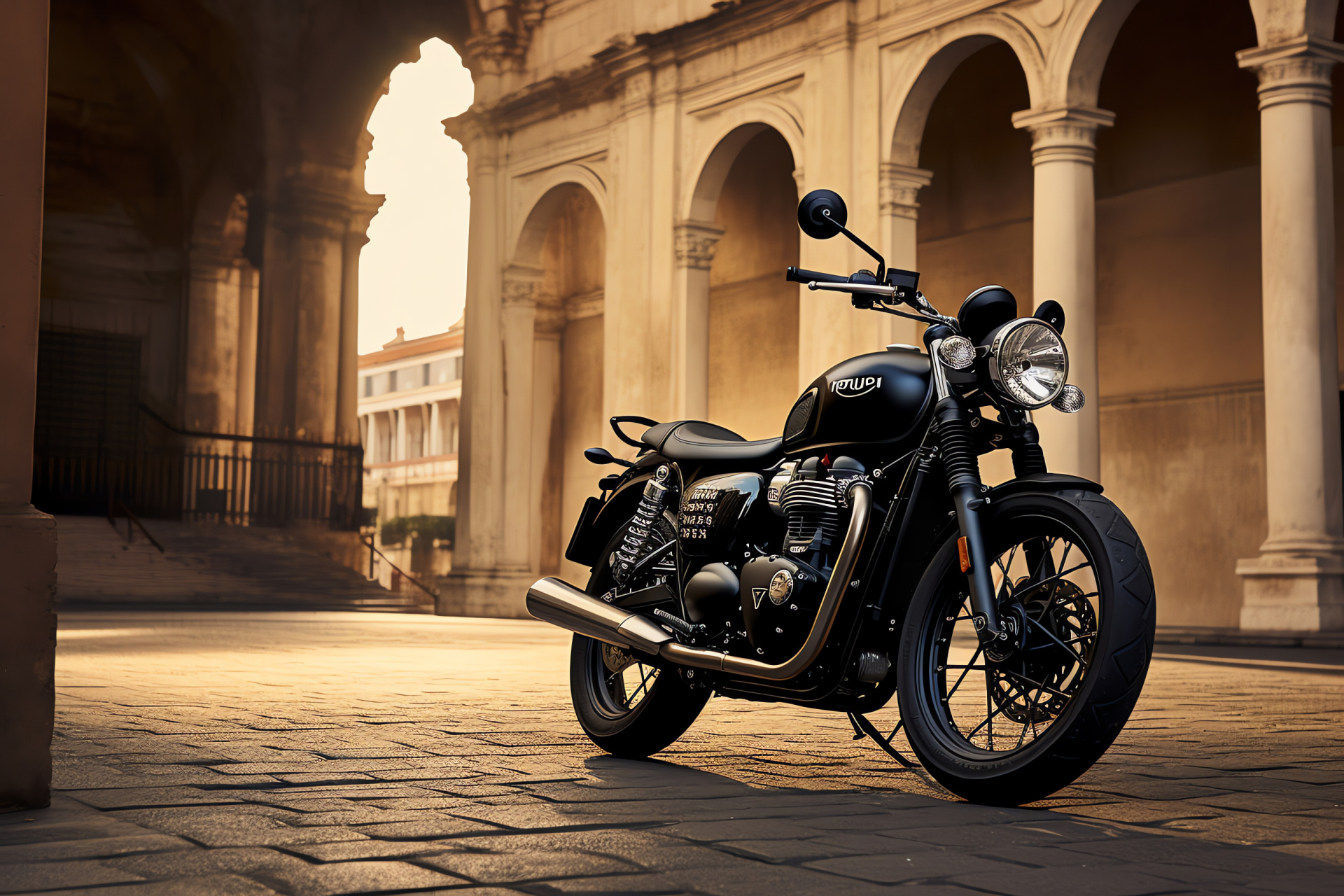 Triumph Bonneville T100, Black edition, Rome historical view, matte black motorcycle, Italian monument, HD Desktop Image