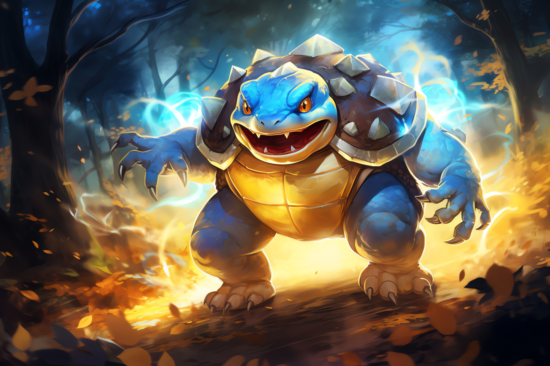 Mystical Blastoise environment, Verdant landscape, Legend-inspired site, Autumnal light, Signature move showcase, HD Desktop Image