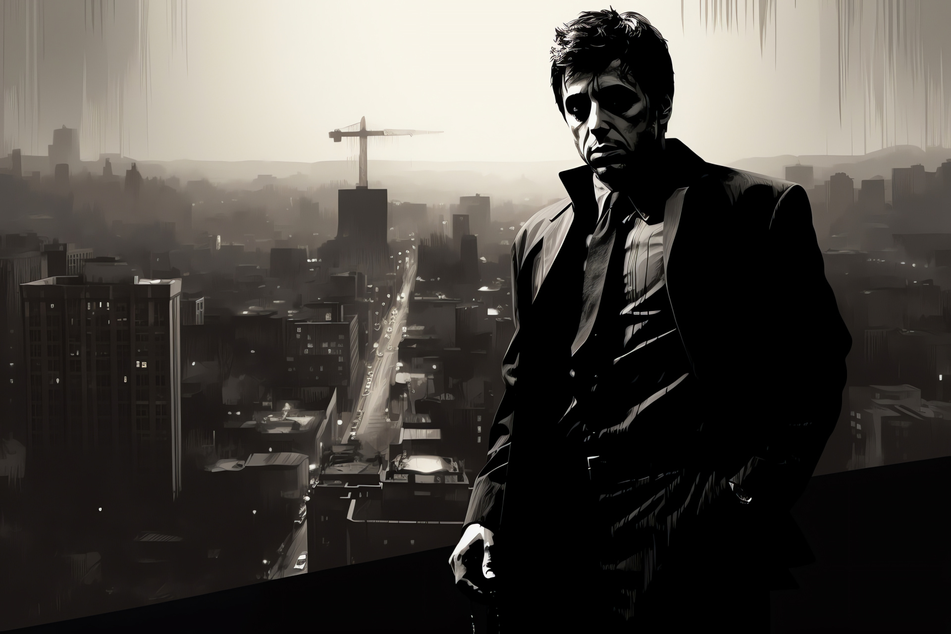 Tony Montana Scarface, Penthouse view, Crime epic, Antagonist outlook, Nighttime metropolis, HD Desktop Wallpaper