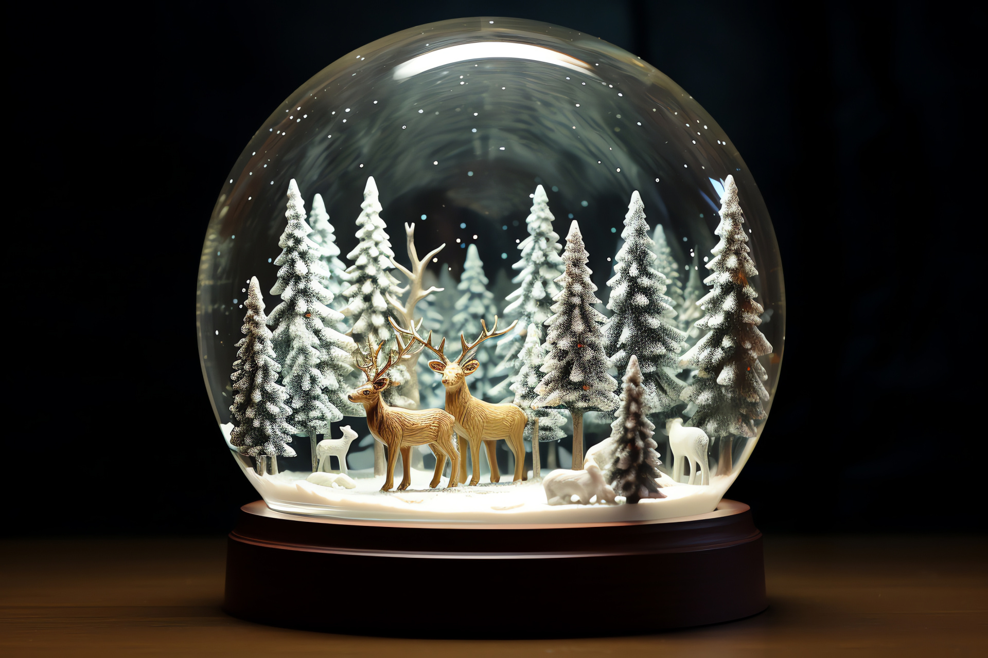 Snow Globe, wintry forest, coniferous giants, snowy expanse, nocturnal glow, HD Desktop Wallpaper
