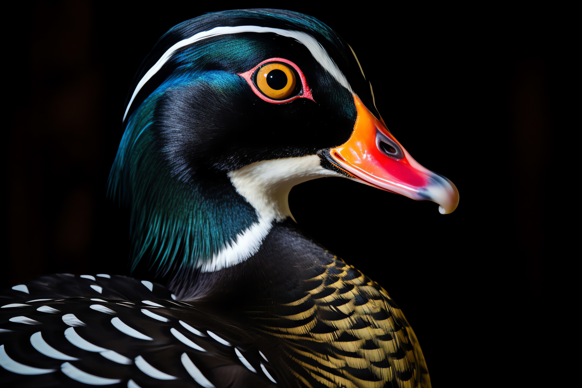 Male Aix sponsa, resting avian creature, multicolored bird feathers, pitch-black space, detailed feather patterns, HD Desktop Wallpaper
