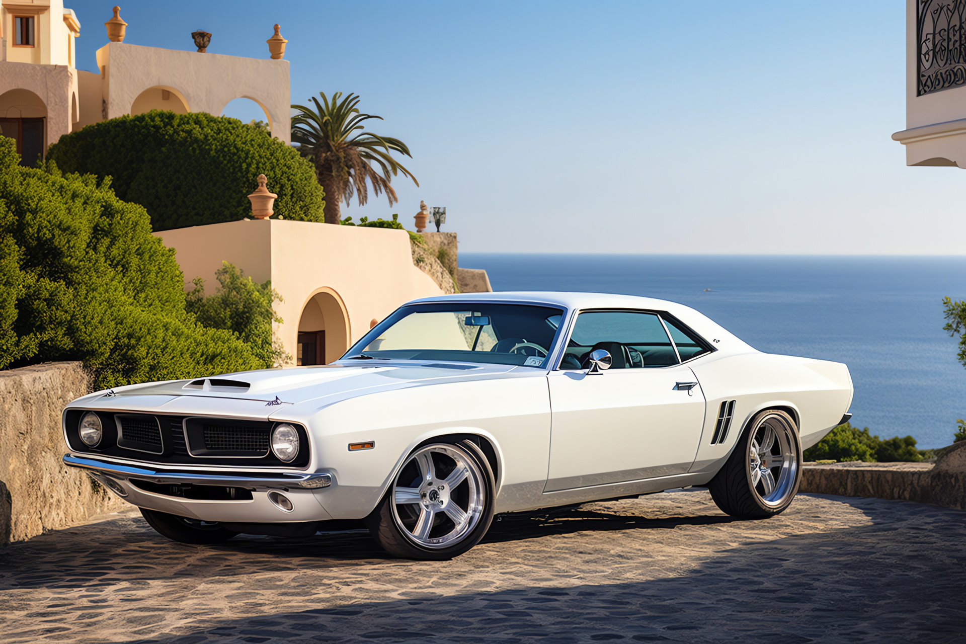 Plymouth Barracuda, Mediterranean views, Vintage automotive, Elegant design, Coastal cruising, HD Desktop Image