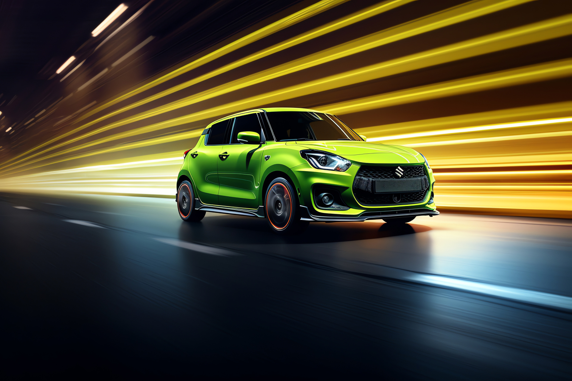 Suzuki Swift Sport 2021, Vibrant green hatchback, Sporty car design, Modern vehicle aesthetics, Glowing lines effect, HD Desktop Image