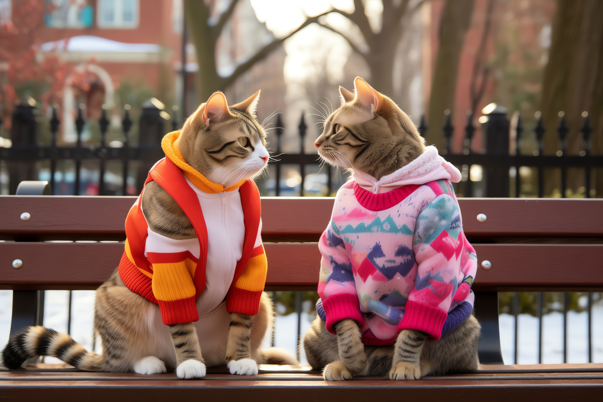 Valentine's Day cats, Park relaxation, Knitted heart patterns, Blooming flora, Serene gathering spot, HD Desktop Image