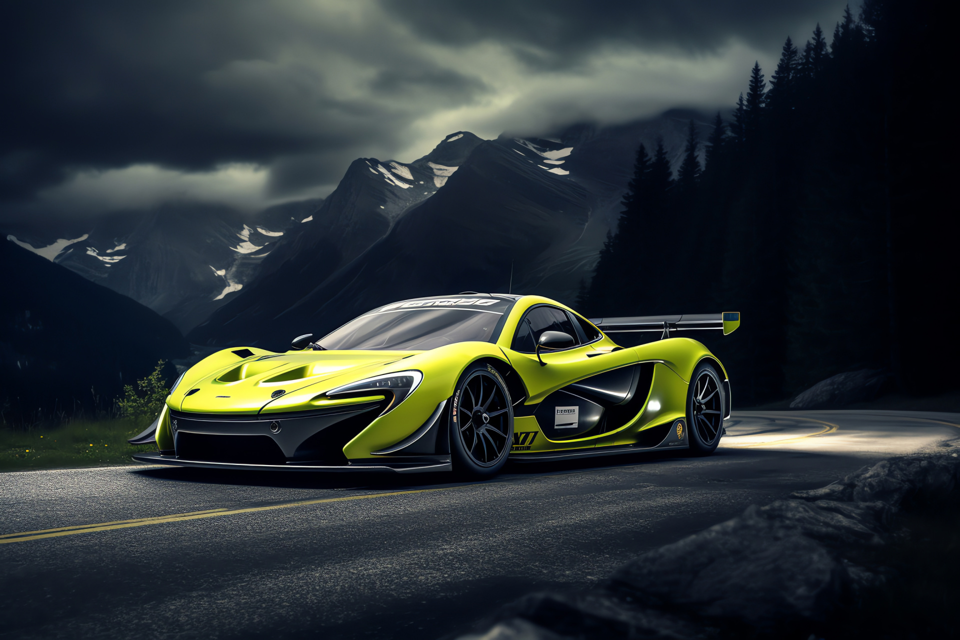 McLaren P1 GTR prowess, Pristine Swiss landscape, Mountain serpentines, Lush emerald coating, Engineering meets nature, HD Desktop Image