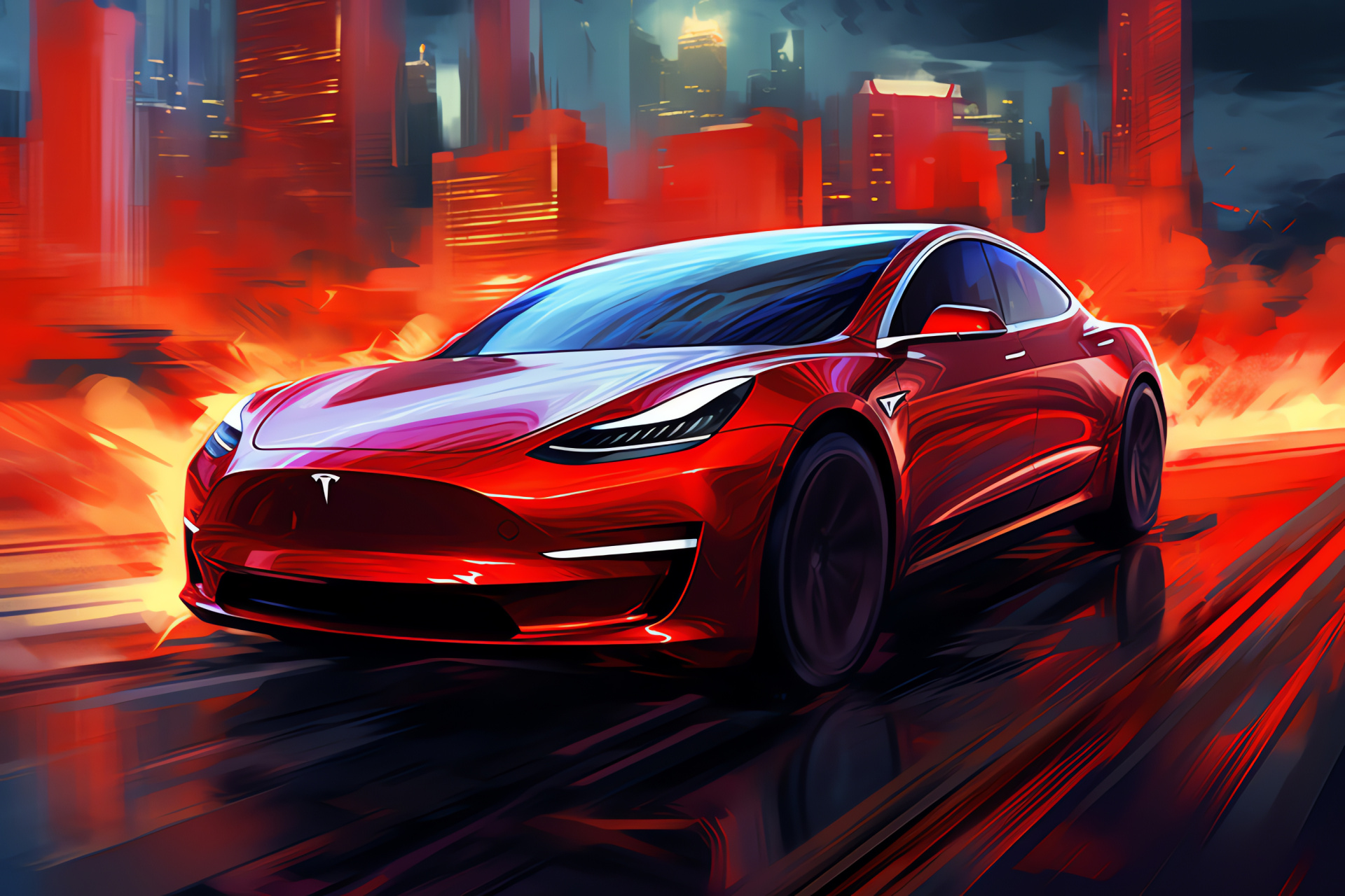 Tesla Model J conception, Metropolitan green space, Spirited automotive view, Radiant car exterior, HD Desktop Wallpaper