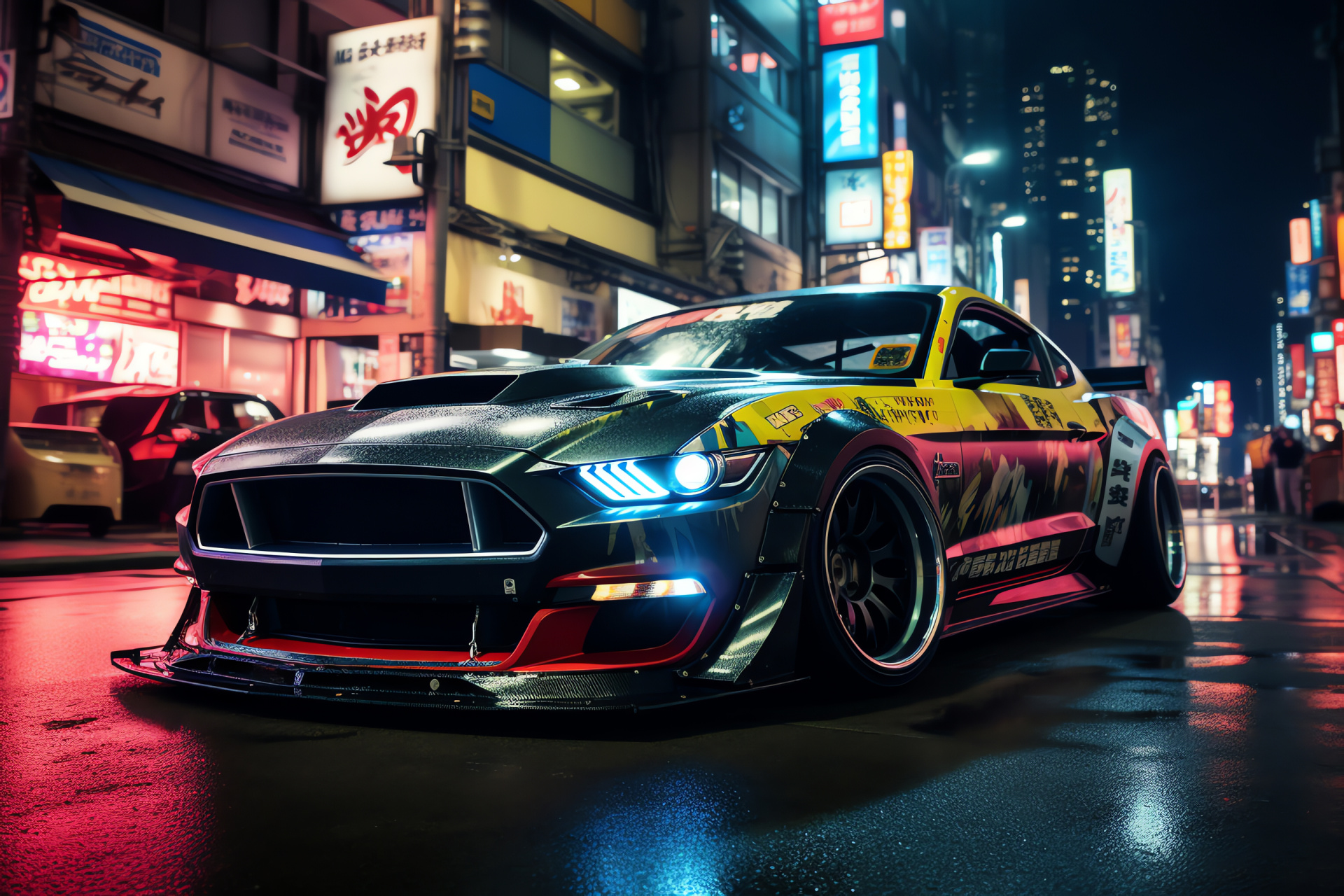 Mustang coupe, Tokyo nightscape, Racing style, Shibuya urban scene, Illuminated ambiance, HD Desktop Image