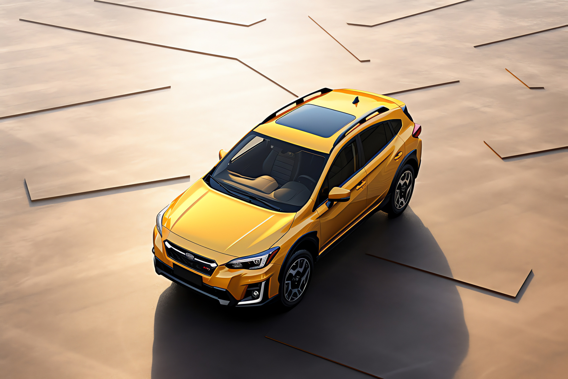 Subaru XV crossover, high angle snapshot, two-tone yellow and black background, HD Desktop Image