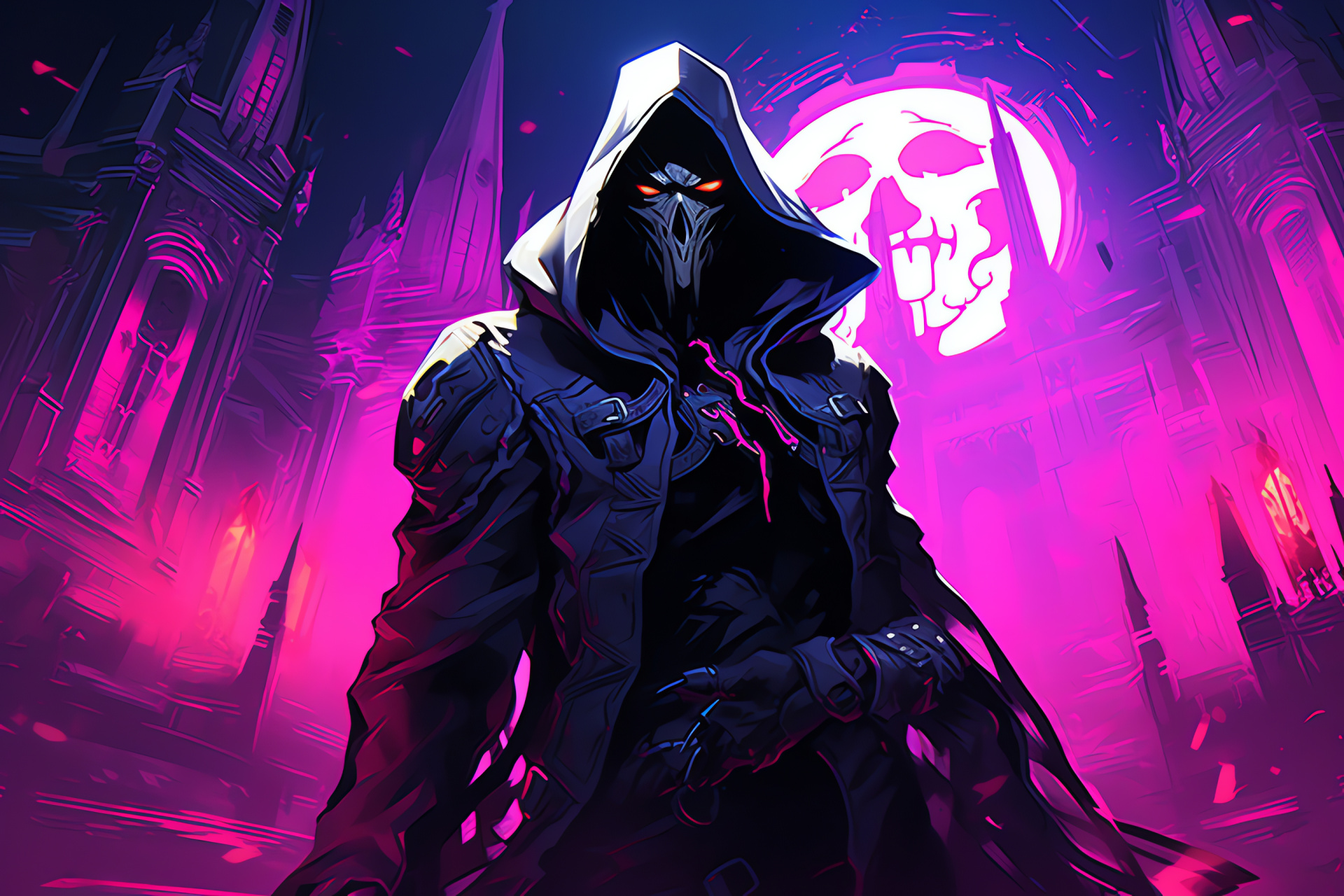 Overwatch Reaper, Gothic architecture, Lunar illumination, Tenebrous figure, Ominous facial covering, HD Desktop Image