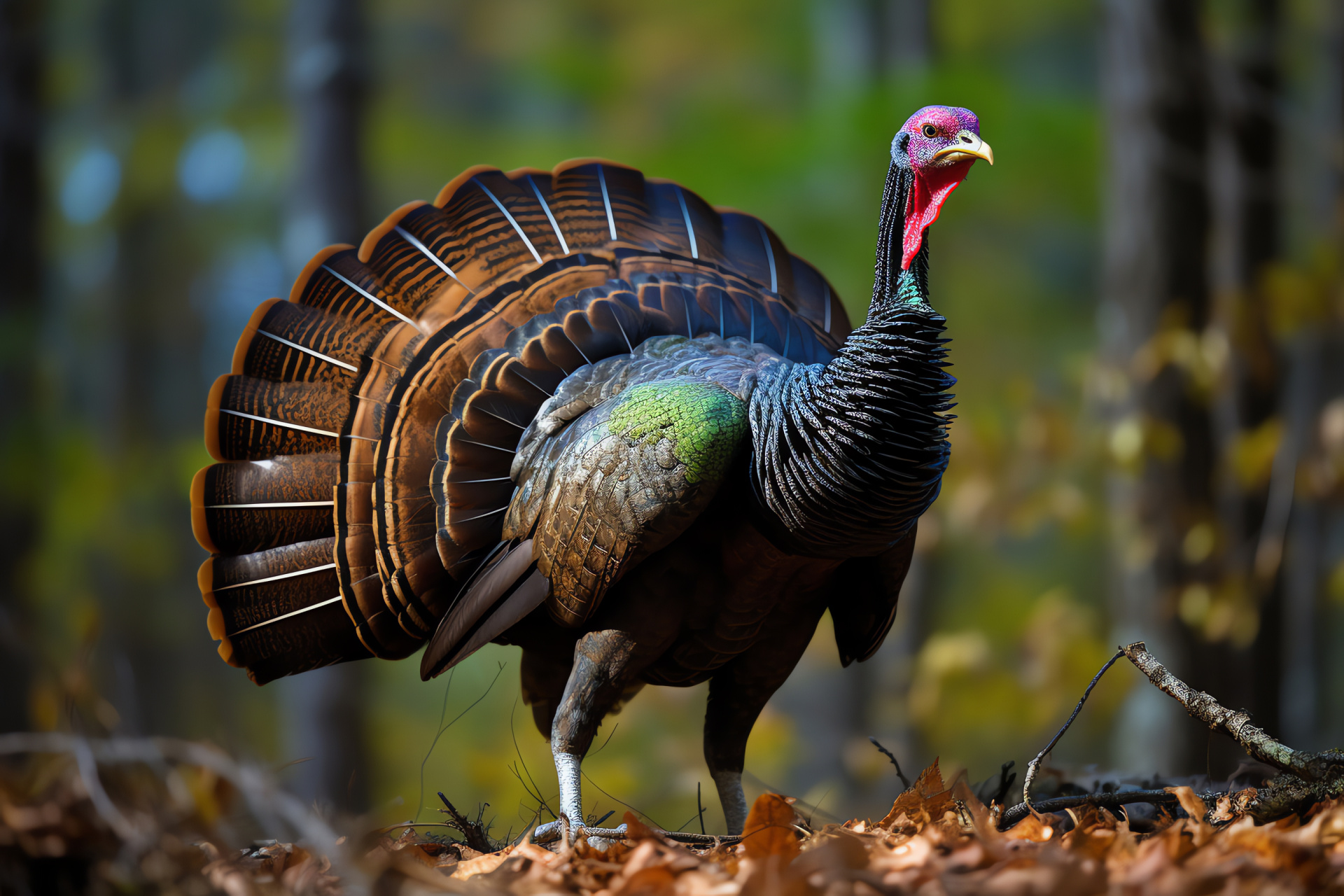 Wild Turkey, Meleagris gallopavo, Avian display, Plumage, Forest bird, HD Desktop Image