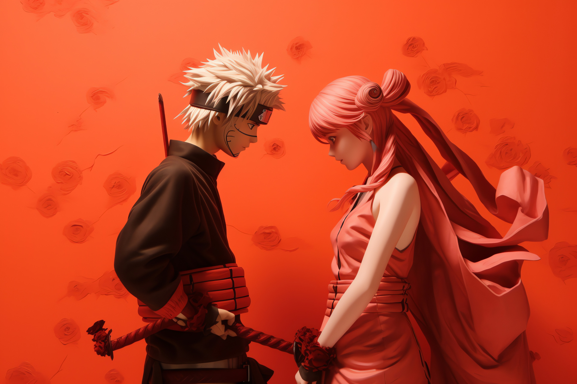 Naruto and Sakura poised, Solid crimson canvas, Anime character focus, Manga series illustration, Resolve in expressions, HD Desktop Image