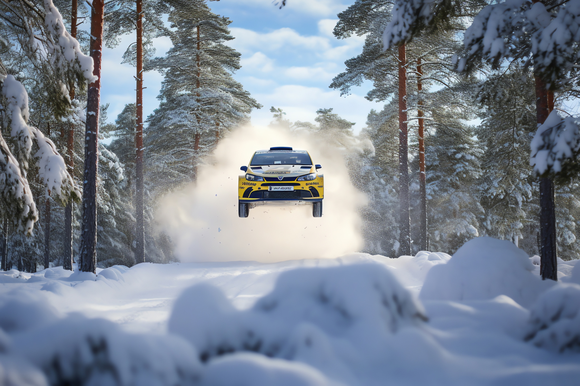 Rally Car, Rally Sweden event, Aerial motorsport view, Winter landscape, Nordic rally setting, HD Desktop Wallpaper