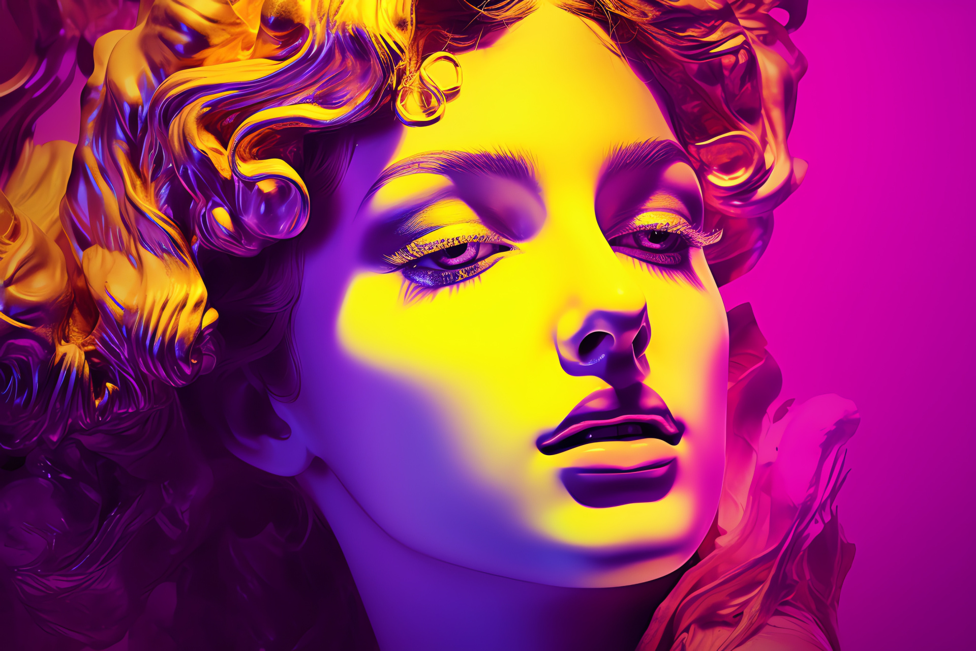 Pantheon, Mythological goddess, Violet gaze, Lustrous locks, Eternal bloom, HD Desktop Image