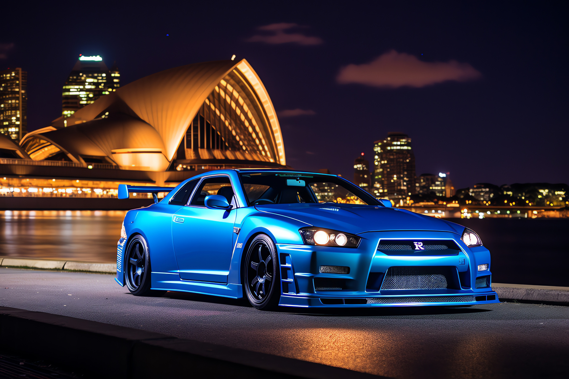 Nissan Skyline GTR, Sydney panorama, R33 GT-R V-Spec II, Deep oceanic shade, Architectural marvels, HD Desktop Wallpaper