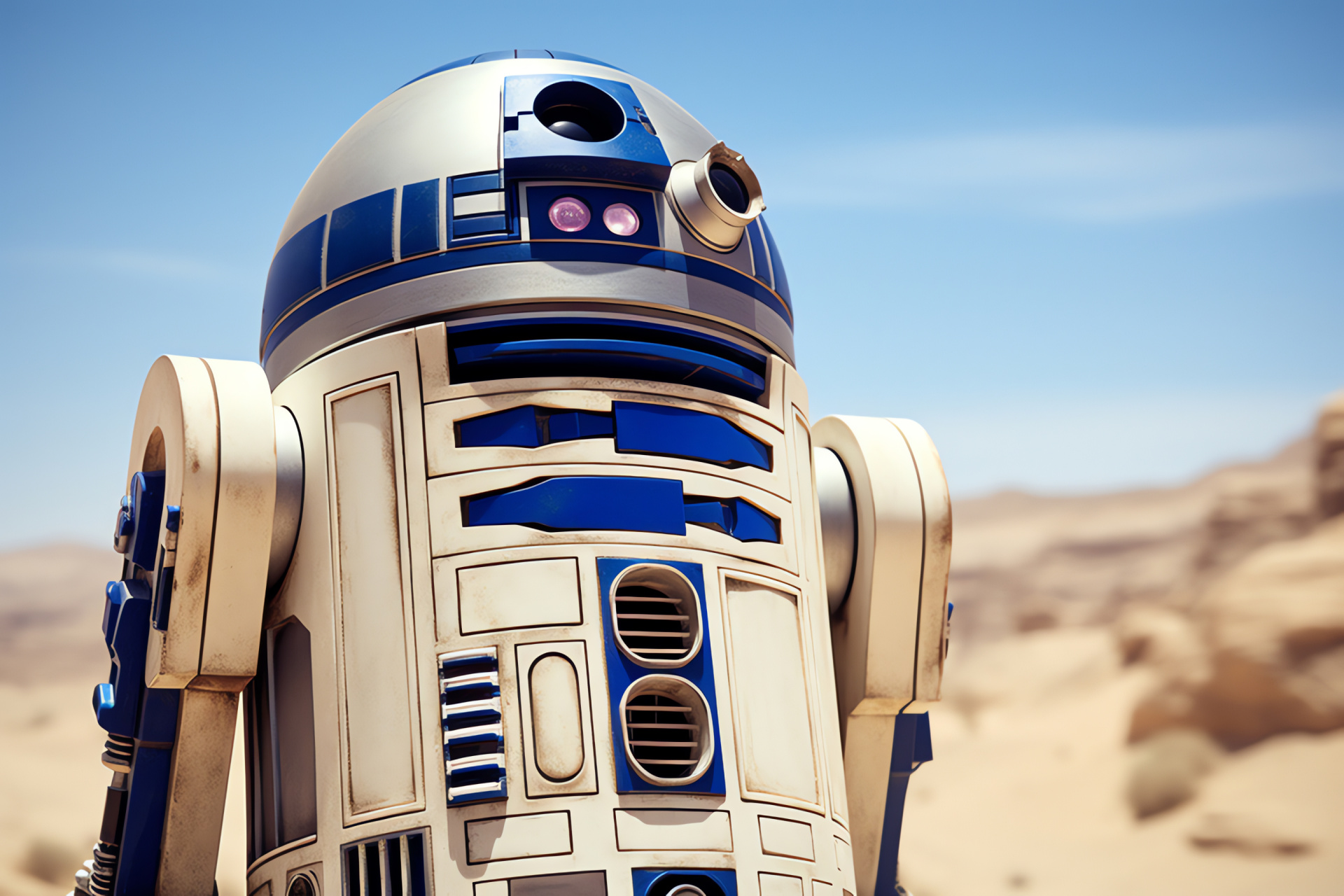 R2-D2 close-up, Star Wars universe, Astromech companion, Arid desert scene, Tatooine landscape, HD Desktop Image