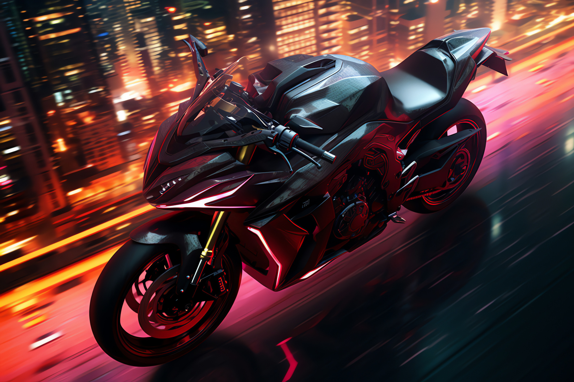 GSX-S1000F weaving, Metropolis skyline, Neon city ambiance, Contemporary motorcycle chic, High-speed travel, HD Desktop Image