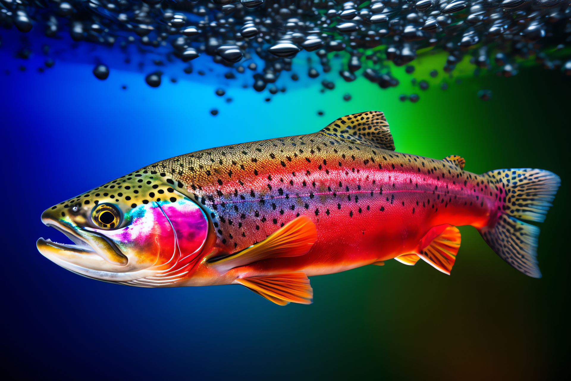 Trout, iridescent fish, up-close detail, freshwater habitat, ornate scales, HD Desktop Wallpaper