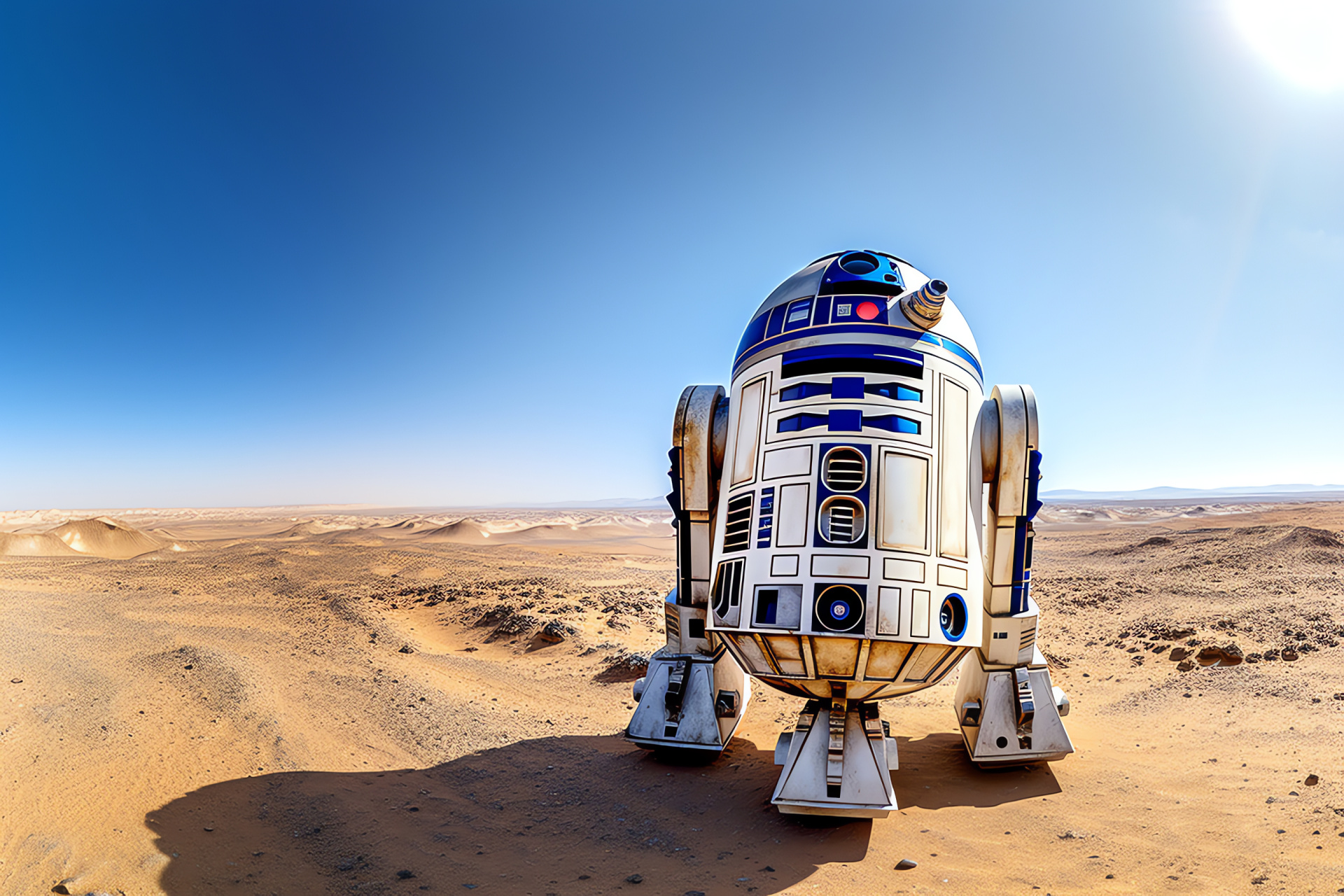 R2-D2 on Jakku, panoramic desert expanse, Star Wars universe, futuristic droid design, droid explorer, HD Desktop Wallpaper