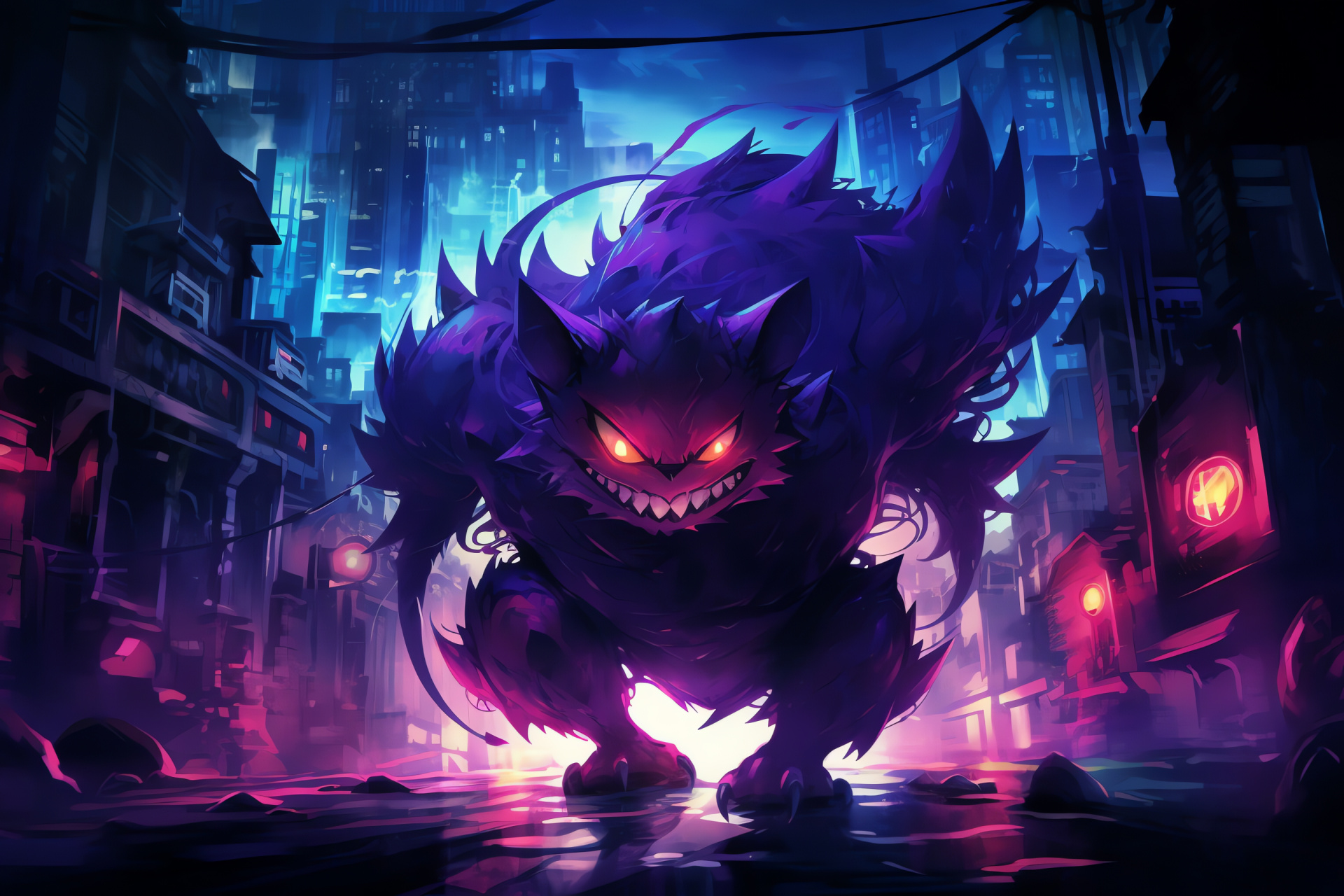 Mega Gengar evolution, Neon metropolis, Ghostly figure, Playful smirk, Vivid illumination, HD Desktop Image