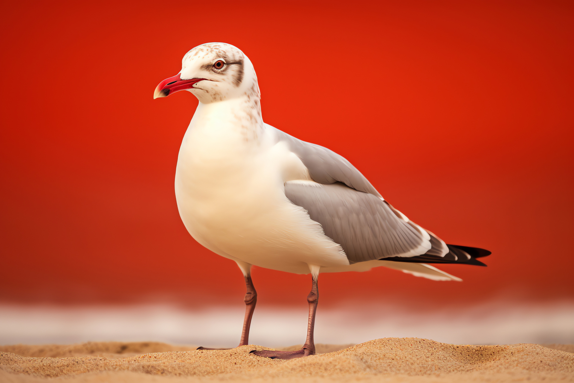 Gull over shoreline, feathered seabird, coastal avian behavior, sunset beach scene, eye color detail, HD Desktop Image