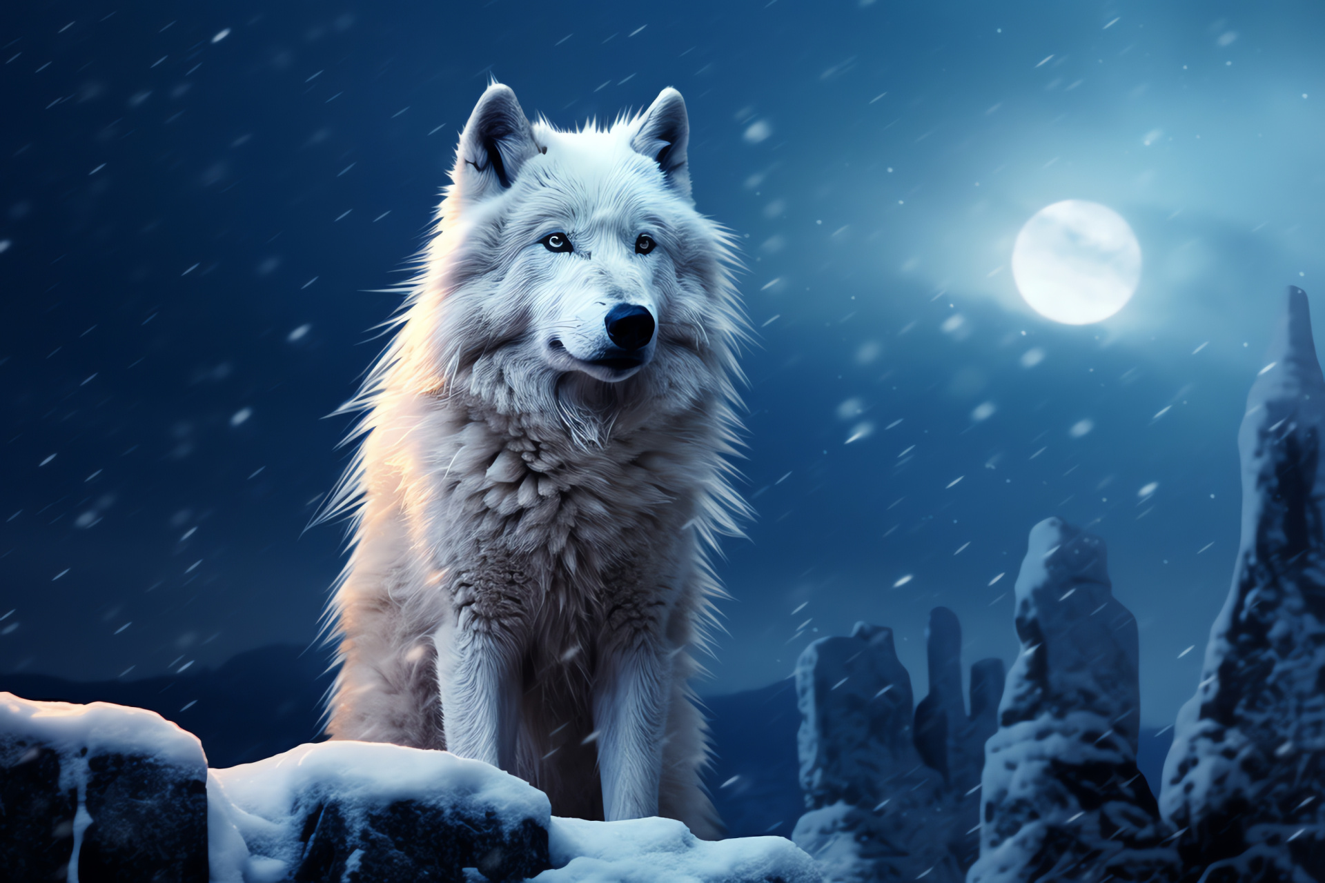 Arctic wolf serenade, Ice-eyed solitary, Snowy hillock setting, Moonlit polar persona, HD Desktop Image