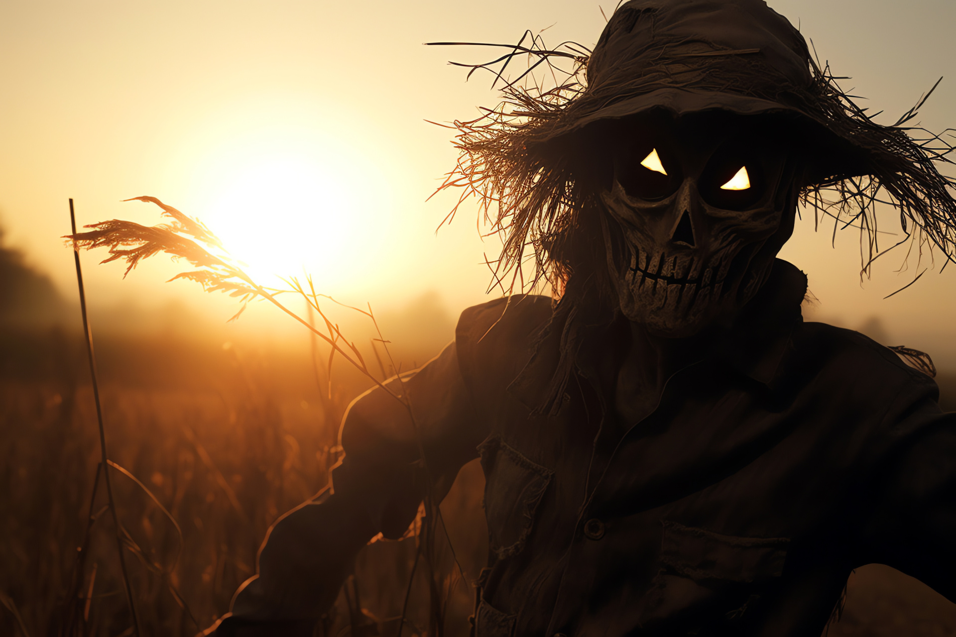 Haunted field, scarecrow sentinel, nocturnal fright, spectral figure, October scare, HD Desktop Wallpaper