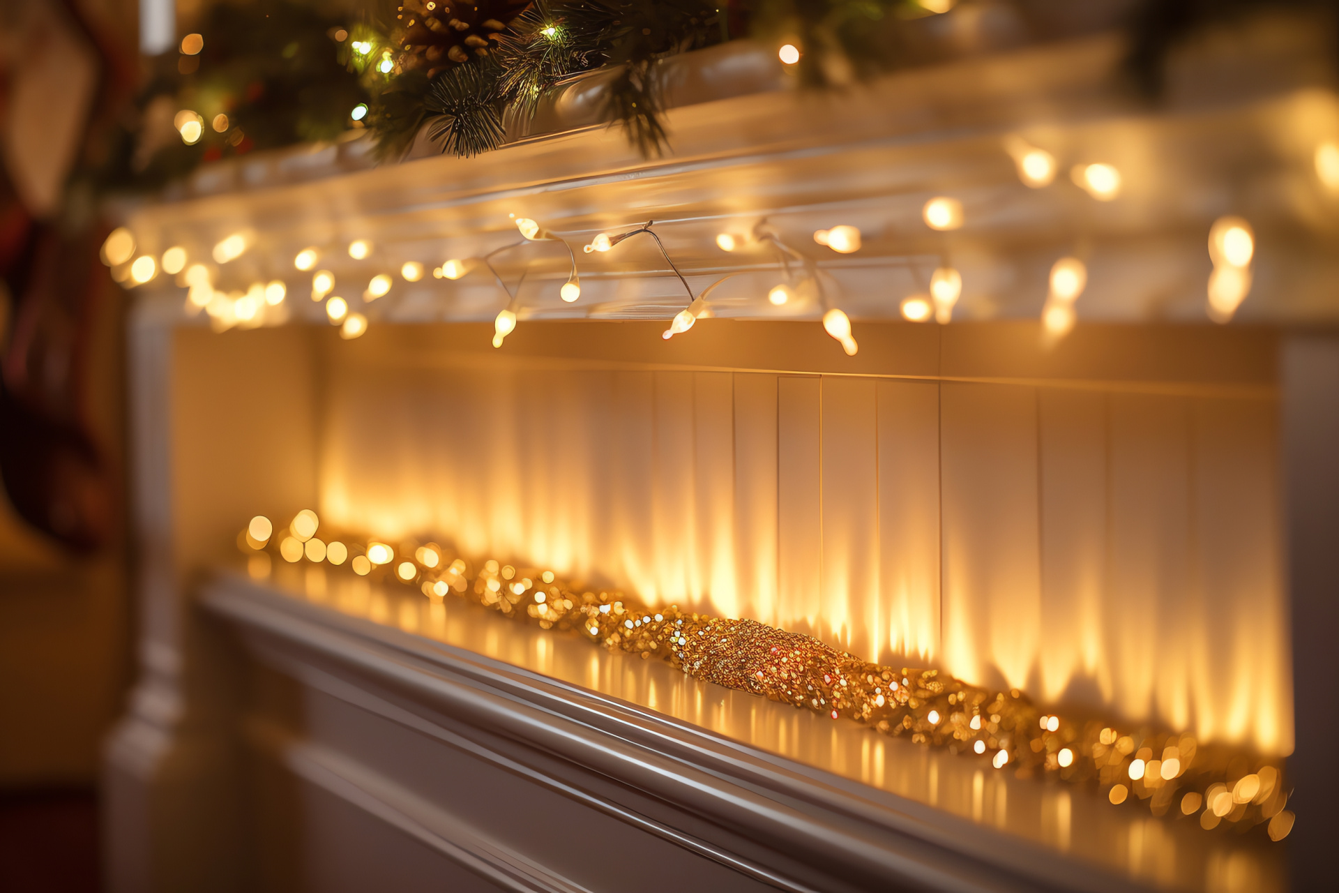 Mantlepiece adorned for Christmas, Sparkling white light display, Seasonal decor, Hanging holiday stockings, Festive fireplace, HD Desktop Image