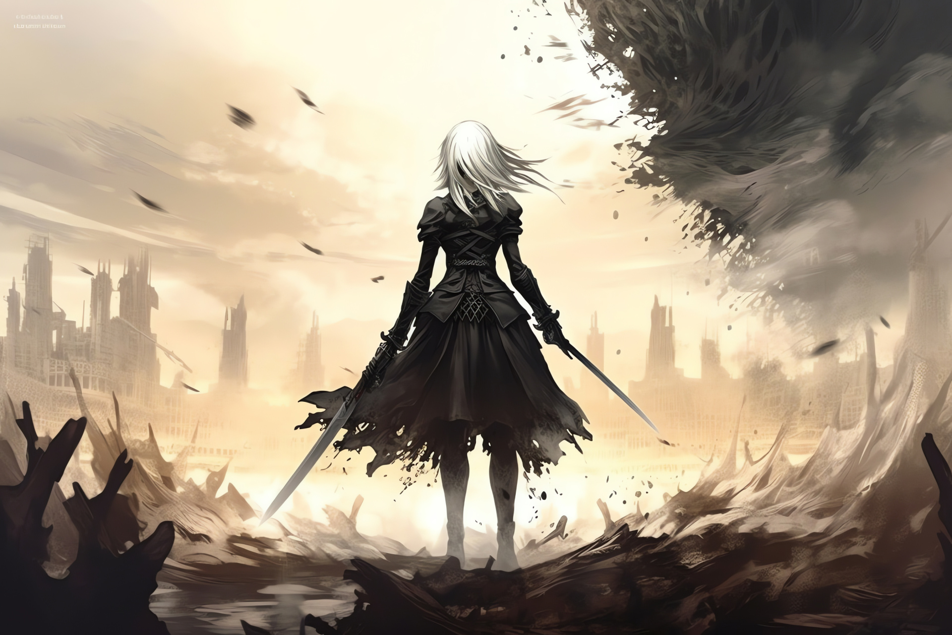 Nier Gestalt combat, Barren battlefield, Giant foe, Sharp weapon, Powerful strikes, HD Desktop Wallpaper