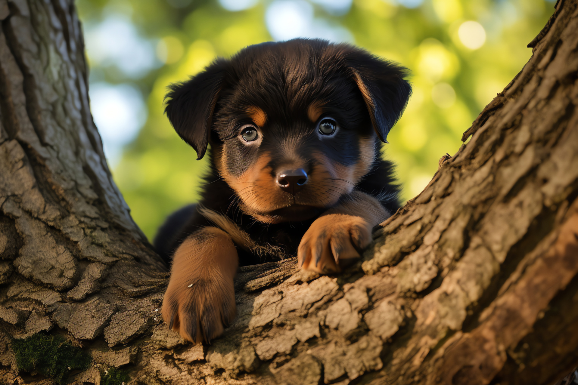 Fluffy Rottweiler puppy, Canine temperament, Black fur, Playful demeanor, Beloved pet, HD Desktop Image