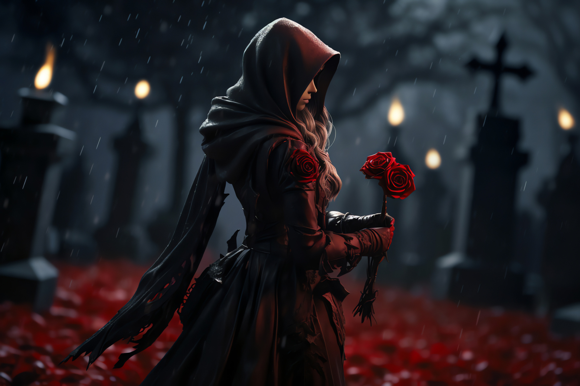 Gothic Red Riding Hood, Cemetery scene, Funerary monument, Floral tribute, Night sky, HD Desktop Wallpaper