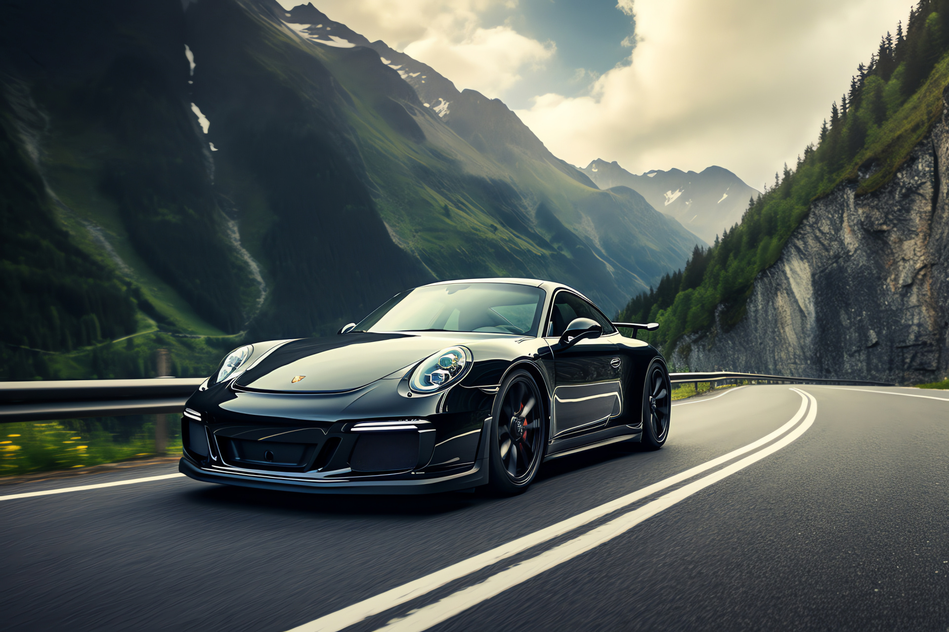 Porsche GT3 Alpine scenery, Swiss mountain roads, Performance package, Precision engineering, European touring, HD Desktop Wallpaper