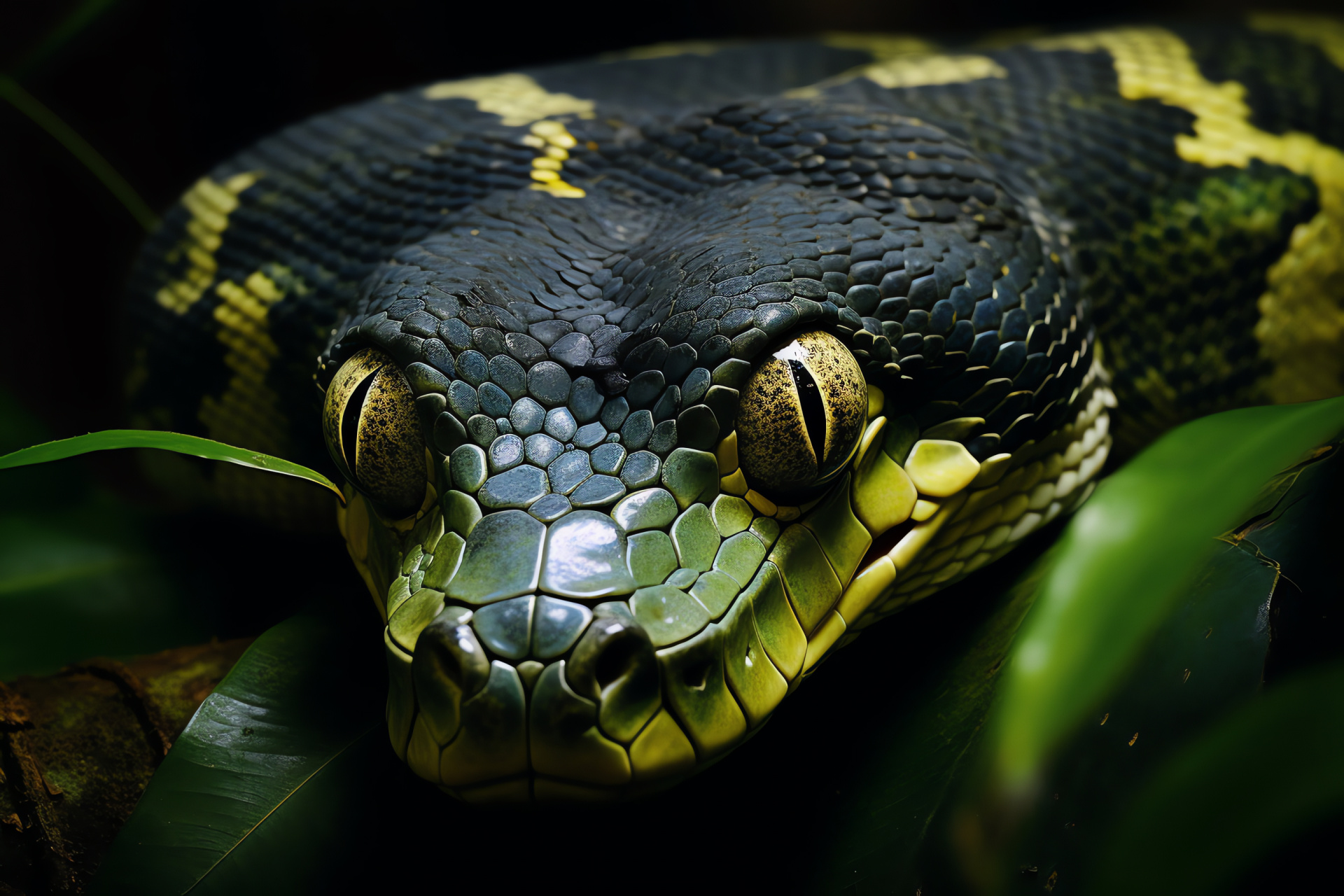 Amazon Anaconda, emerald ocular reflection, rainforest camouflage, serpentine spiral, tropical expanse, HD Desktop Image