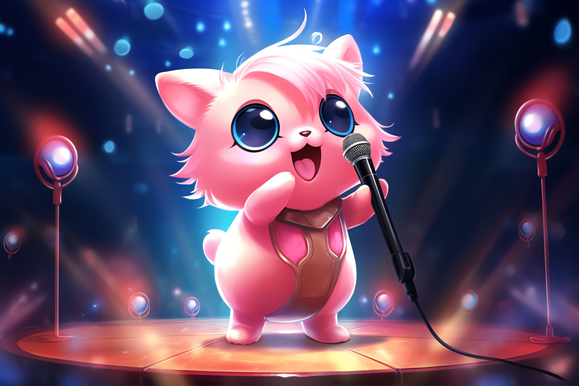 Adorable Pokemon moment, Jigglypuff entertainer, Melodic performance, Theatrical platform, Spectrum lighting visual, HD Desktop Wallpaper