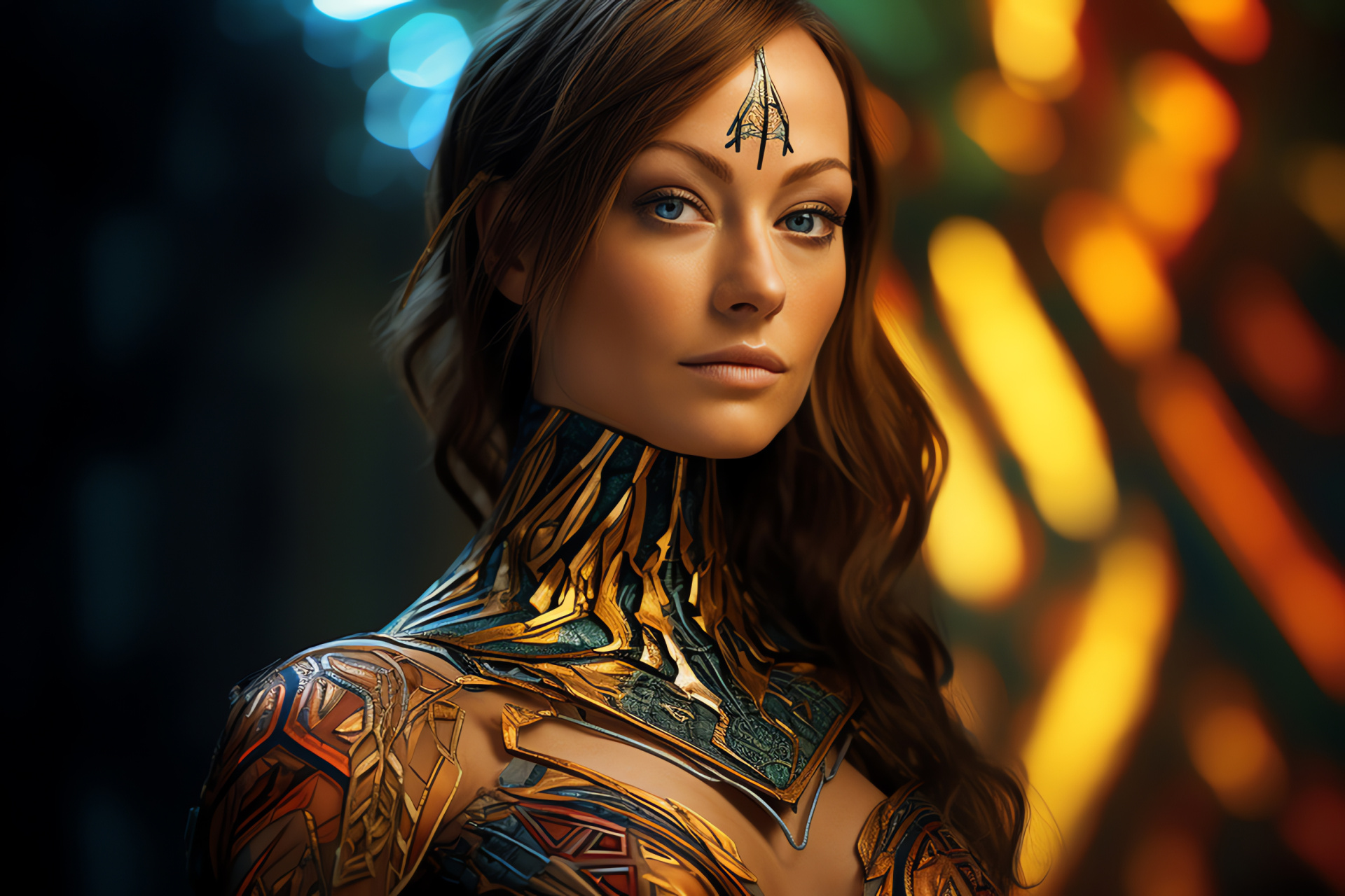 Actress Olivia Wilde, Cinematic close-up, Skin illustrations, Mythological tales, Rich cinematic palette, HD Desktop Image